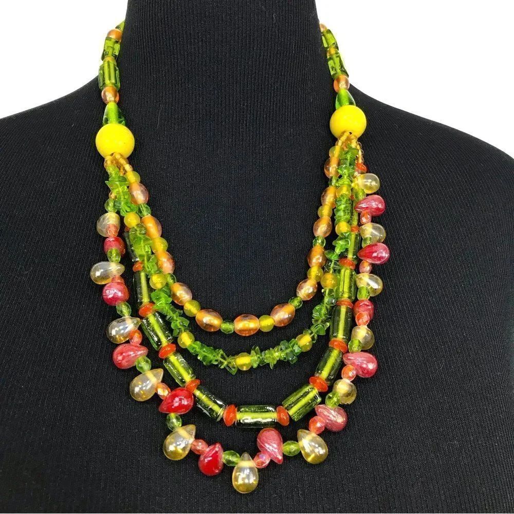 Hand Crafted Green Orange Glass Bead Multi Strand Artisan Statement Necklace
